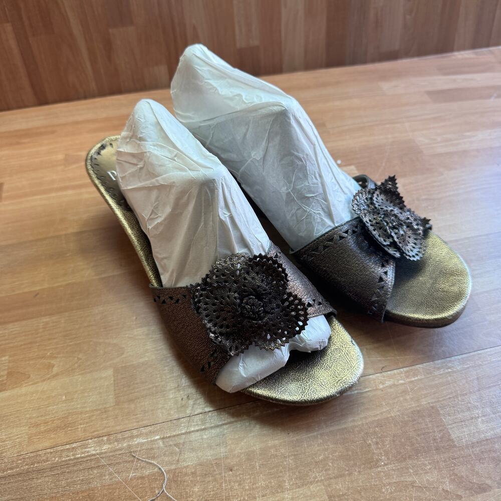 Linea Paolo "Bernadette" Metallic Gold Leather Floral  Sandals